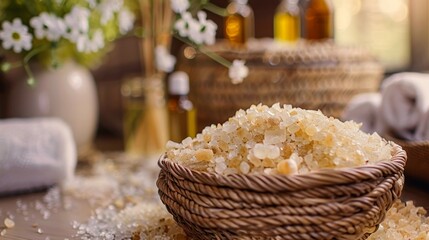 Bath salts in a wicker basket with essential oils and towels in the background