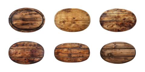 Collection of oval wooden plank, blank wood sign, board, or plaque isolated on a transparent background, cut out, PNG