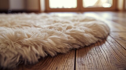 Close up of a white, fluffy shag rug on a wood floor in a well lit room