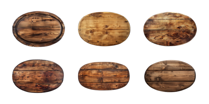 Collection of oval wooden plank, blank wood sign, board, or plaque isolated on a transparent background, cut out, PNG - Powered by Adobe