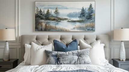 A white bed with a grey tufted headboard in a modern bedroom with a landscape painting above the bed