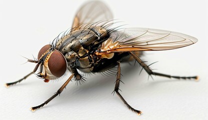 Fototapeta premium A close-up of a fly with a brown body and black wings, sitting on a white surface.
