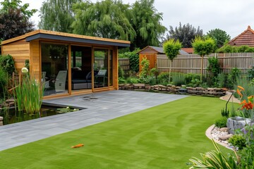 A back garden with a wooden cabin, pond, artificial grass, and grey paving