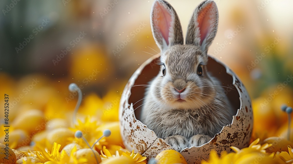 Poster an easter bunny in an eggshell is displayed on a yellow background. this is a 3d rendering.