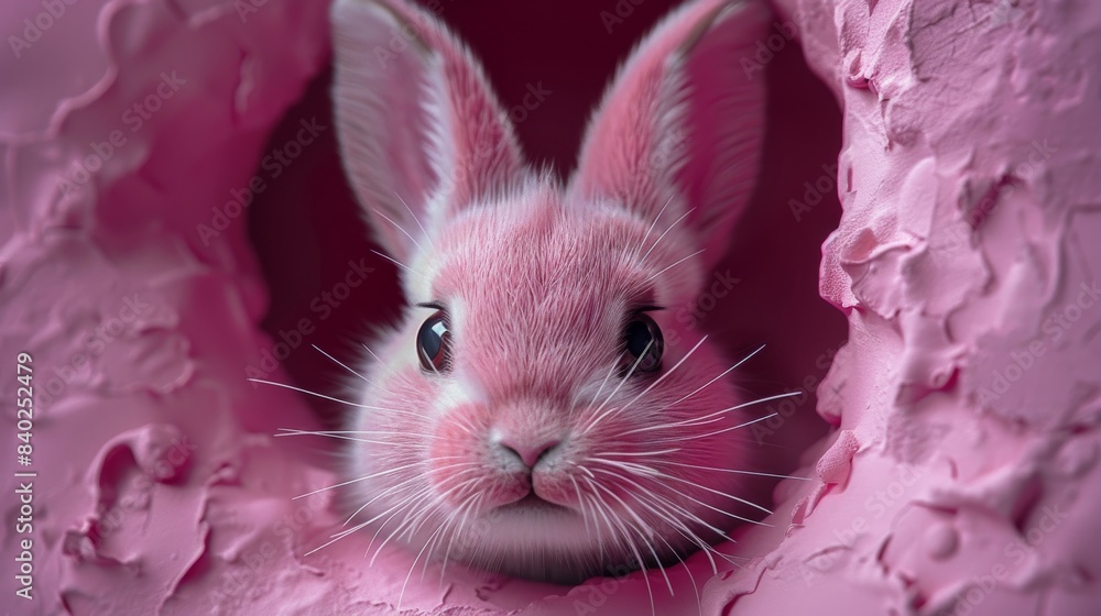 Poster an easter bunny peeks out of a hole on a violet background. a three-dimensional rendering shows the 