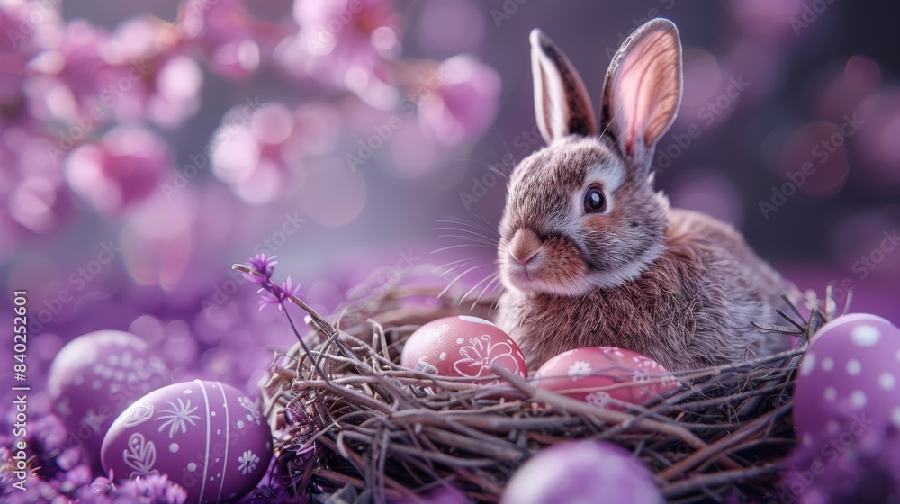 Poster 3d rendering of an easter bunny with easter eggs in a bird nest on a purple background.
