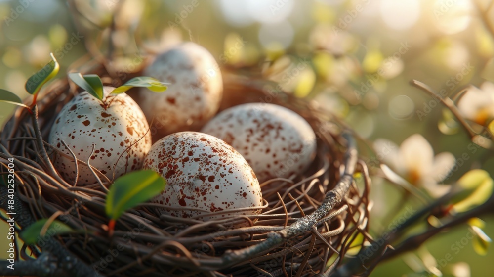 Poster a 3d rendering of easter eggs in a bird nest on tree branches.