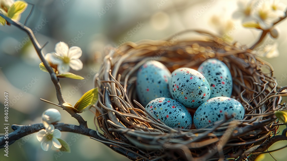 Poster the three dimensional rendering of easter eggs in a bird's nest on tree branches with a white bright