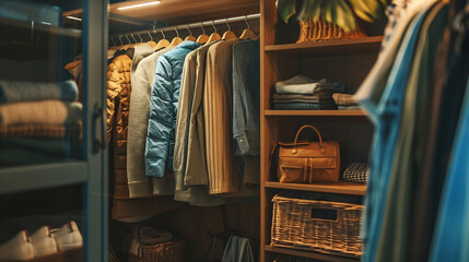 Naklejka premium Closeup of an opened wardrobe with full of clothes in warm color tone and cozy style.