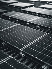 Group of solar panels stacked on top of each other, suitable for use in illustrations and infographics about renewable energy or technology