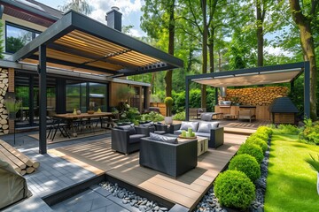 A spacious house terrace with a modern garden and patio furniture