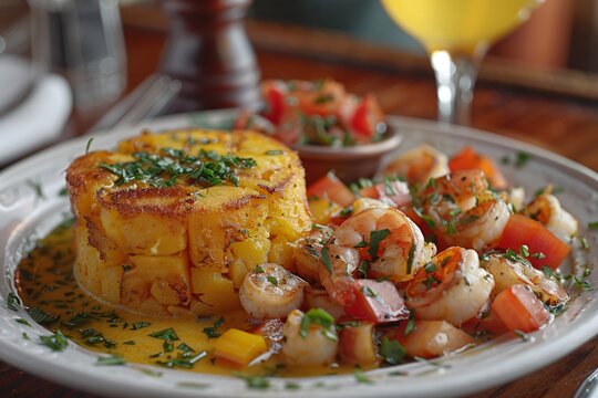Authentic puerto rican mofongo with savory shrimp and tender octopus, served in a traditional setting with delicious garnishes