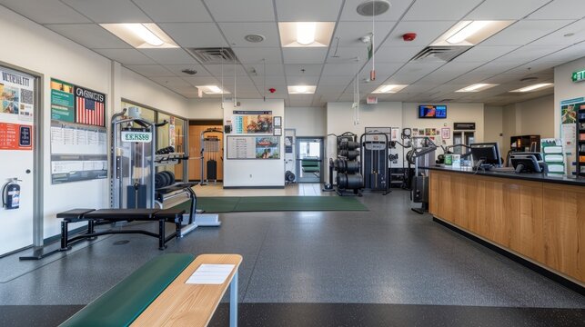 Elite Athletic Training Center Professional Equipment and Motivational Environment with Business Cards on Reception Desk