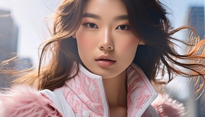 Fototapeta premium Portrait of a stylish woman with flowing hair in an urban setting. The vibrant and modern scene captures the essence of contemporary fashion and city life. 