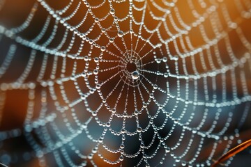 Close-up of dew drops on a spider web, showcasing nature's intricacy. 