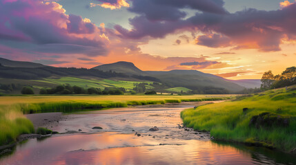 Fototapeta premium Spectacular Scottish countryside landscape features rolling hills, a meandering mountain river and a breathtaking sunset sky