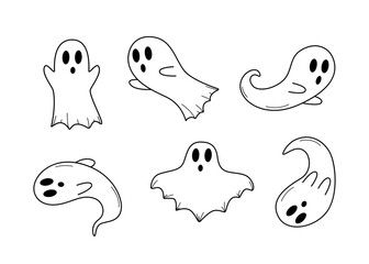 Cartoon haunted Halloween set. Vector illustration of cute ghost characters.