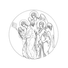 Angels. Religious coloring page in Byzantine style on white background