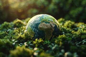 Beautiful earth globe surrounded by green foliage, symbolizing nature conservation, sustainability,...