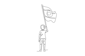 Boy holding Indian flag facing back. India independence day concept one-line drawing