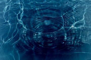 Blue water with ripples on the surface. Defocus blurred transparent blue colored clear calm water surface texture with splashes and bubbles. Water waves with shining pattern texture background.	