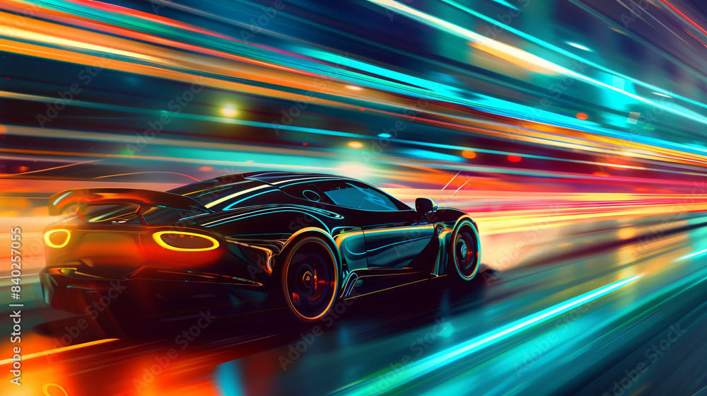 Poster dynamic image of a supercar speeding through a city at night with vivid light trails