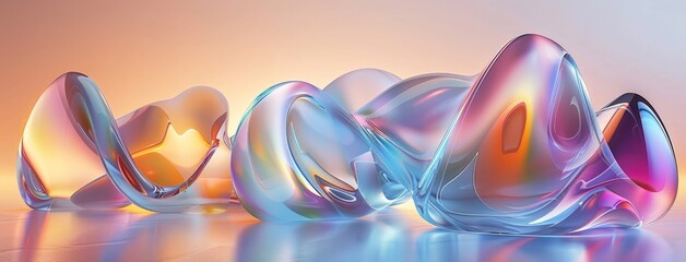 3D curved abstract shapes background pastel colors - Abstract 3D shapes iridescent chromatic glassy background banner