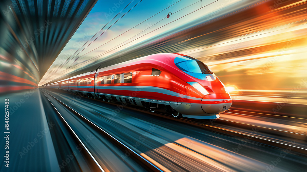 Aufkleber modern red high-speed train rushing along the tracks with motion blur background