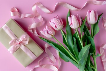 Fototapeta premium Creative floral concept. Pastel pink blooming bouquet of tulips flowers leaf flora with gift box of long swirl ribbon bow. Mock up template presentation. copy text space. top view, flat lay