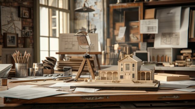 Preservationist's Vision Architectural Plans Model Building and Business Cards in Historic Workspace