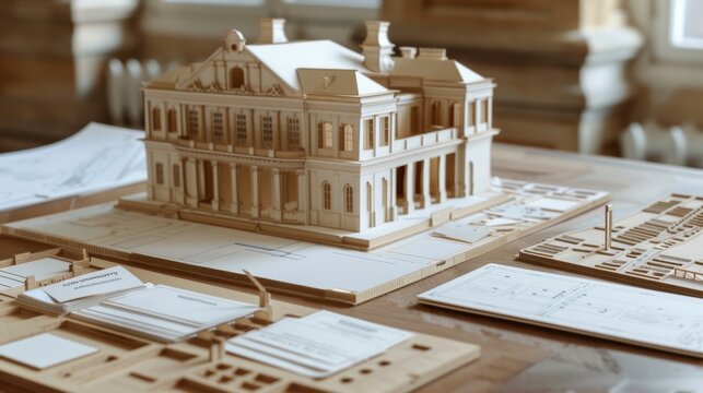 Preservationist's Vision Architectural Plans Model Building and Business Cards in Historic Workspace