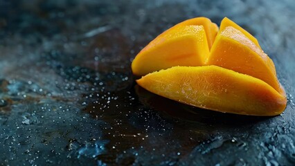 Sliced ripe mango on rustic, dark surface