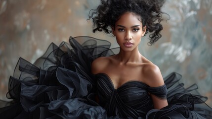 Naklejka premium Elegant Portrait of a Woman in a Dramatic Black Dress with Voluminous Ruffles and Artistic Background
