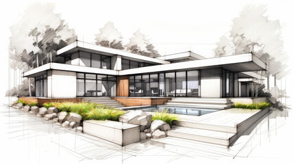 3D sketch design of a luxury modern house with a cubic structure, floor-to-ceiling windows, large patio, and lush garden area, isolated on a white background. Centered with sketch-like shadows, 
