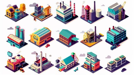 A vibrant set of factory building icons, including a steel mill, a car assembly line, and a textile factory, rendered in bright colors