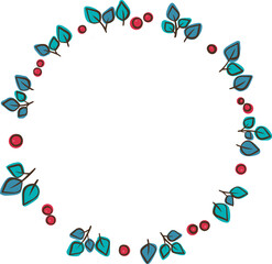 Abstract green leaves with red berries wreath illustration for decoration on nature and Christmas holiday.