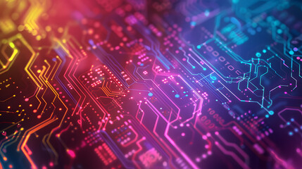 Obraz premium An abstract technology background with overlapping digital circuits and binary code patterns in a gradient of neon colors, evoking a sense of innovation and connectivity