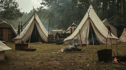 Vintage Business Networking in a Historical Reenactment Camp Blank Cards Amidst Period Costumes Tents and Weapons