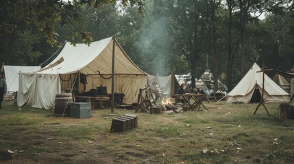 Vintage Business Networking in a Historical Reenactment Camp Blank Cards Amidst Period Costumes Tents and Weapons