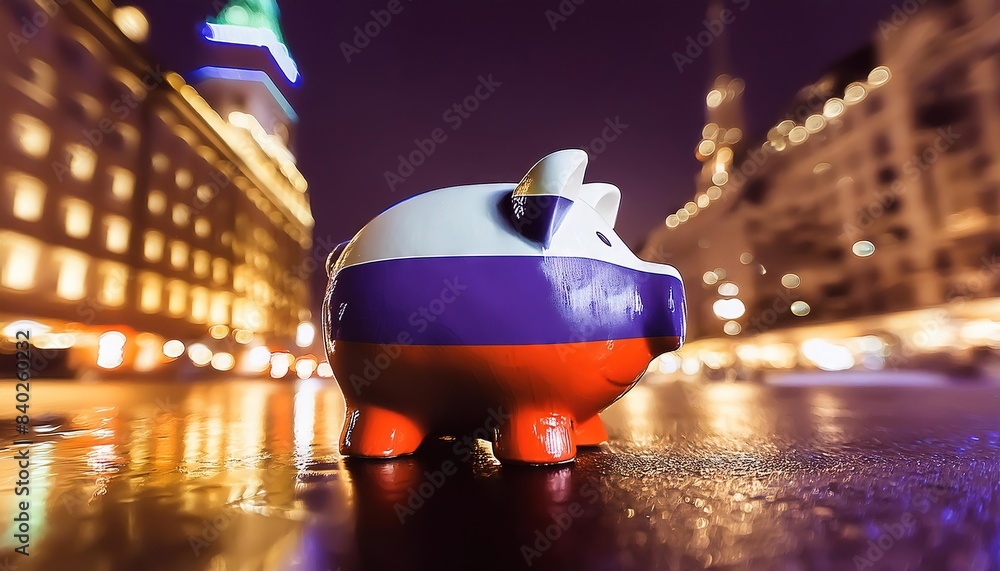 Canvas Prints Russian Flag Piggy Bank on City Street at Night