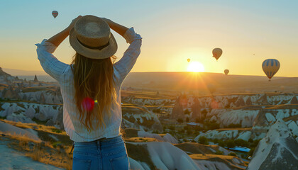 Cappadocia wonders Girl embracing the sunrise and balloon-filled sky