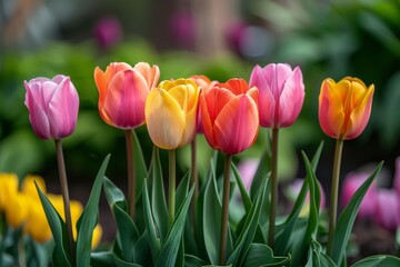 Fototapeta premium Colorful tulips in a garden, ideal for springtime themes. 