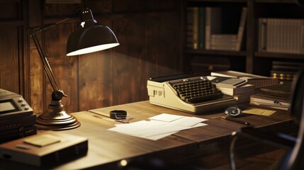 Midnight Musings A Journalist's Desk with Press Badge and Business Cards in Dim Light