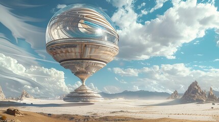 Various vehicles, including this futuristic floating structure in a desert landscape, showcase advanced technology and architectural innovation.