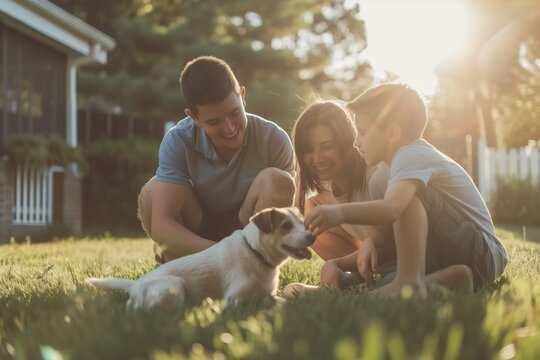 A family enjoys a sunny afternoon in their backyard, playing with their dog