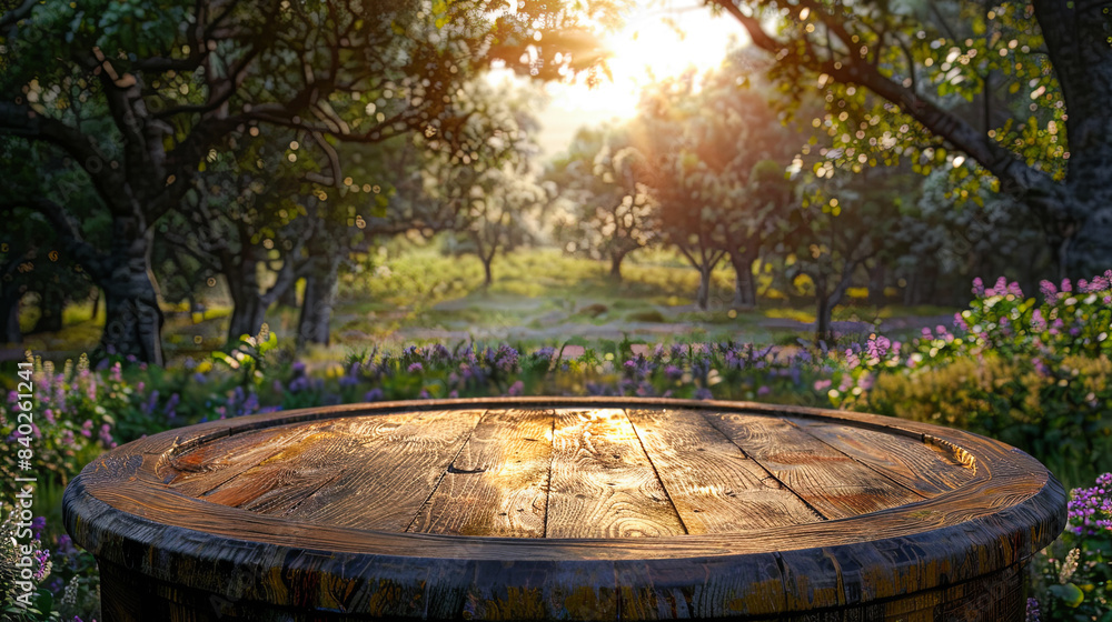 Poster empty wooden table background in front of blooming garden. for product display