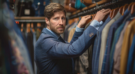 A handsome man in his late thirties is trying on suits at the men's store, wearing blue suit and tie, holding up one of them to check it against himself - Powered by Adobe