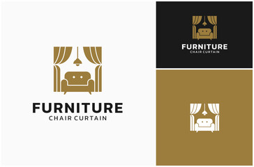 Sofa Couch Chair Lamp Light Curtain Drape Interior Room Furniture Vector Logo Design Illustration