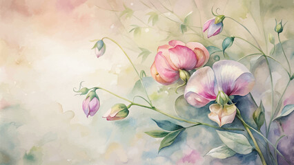 Vintage sweet peas flower watercolor background