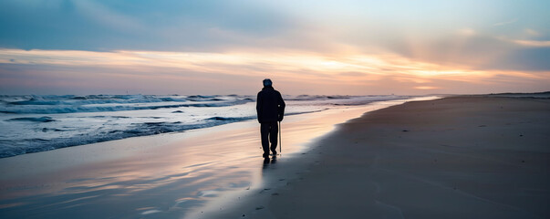 Solitary elderly man walking slowly on the beach at sunset, reflecting on life